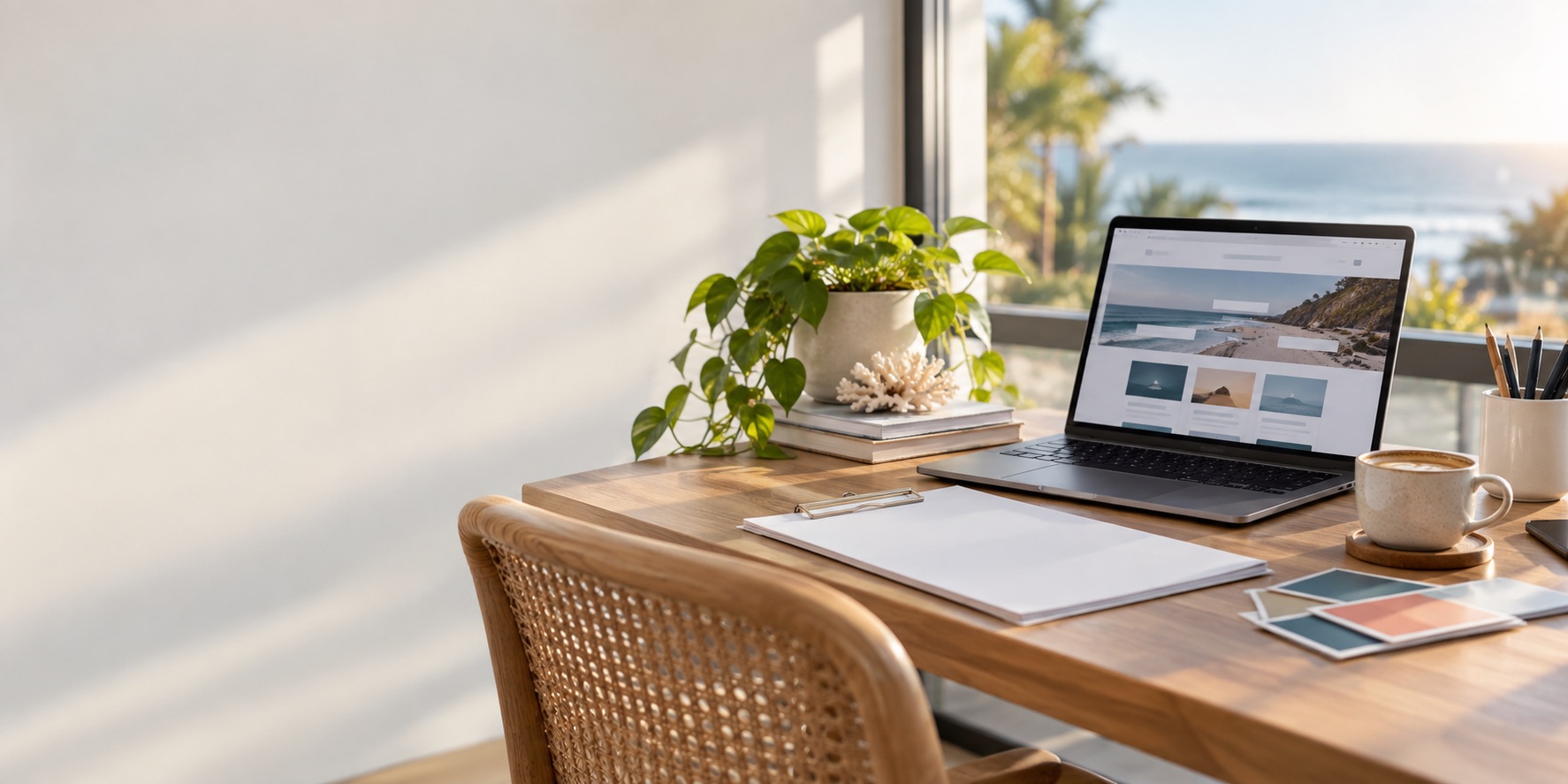 Desk view of a laptop displaying a website design workspace