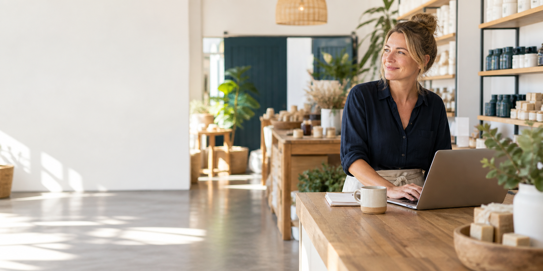 Small business owner working on her website in a bright local retail studio