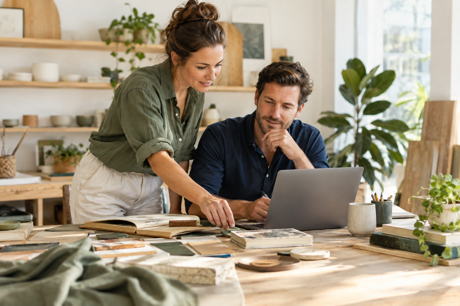 Two small business owners planning their website around a laptop